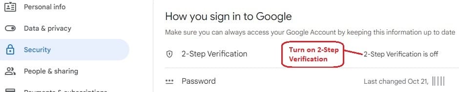 enable 2-step verification in Gmail setting