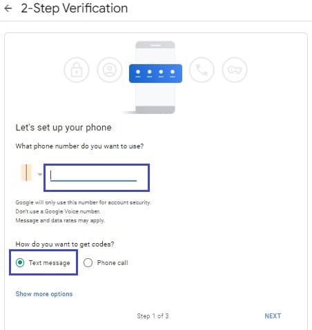 enter phone number in 2-step verification gmail