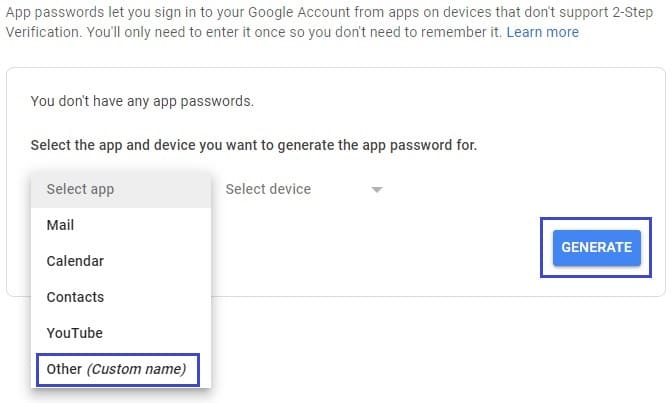 generate new app and device password for gmail